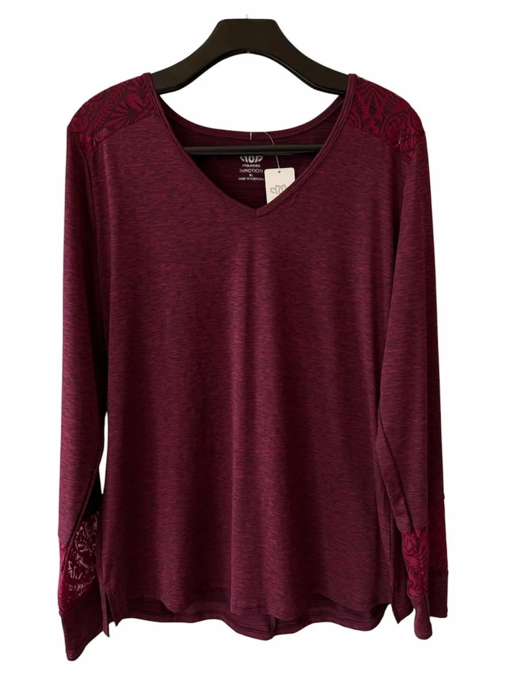 NWT Maurices In Motion Womens XL Burgundy Long Sleeve V-Neck Top Exercise Casual